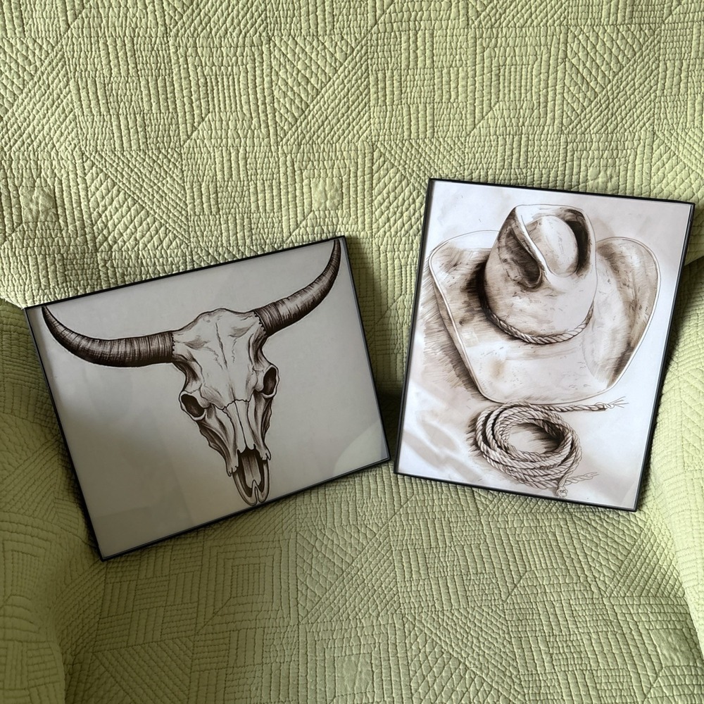 Set of 2 Western Cowboy Sepia Wall Art Bull Skull Hat Rope 8x10 Framed